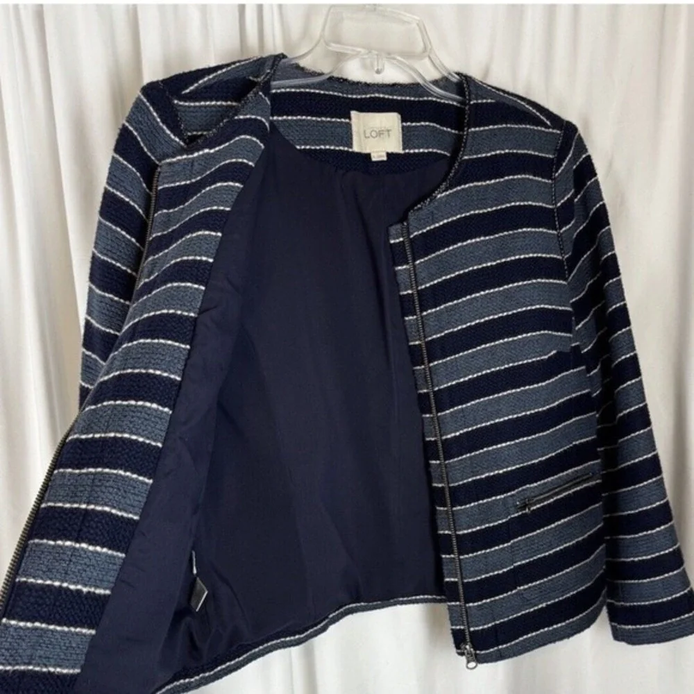 LOFT Navy Blue Striped Full Zip Textured‎ Cotton Blend Jacket 6 Nautical 53-11